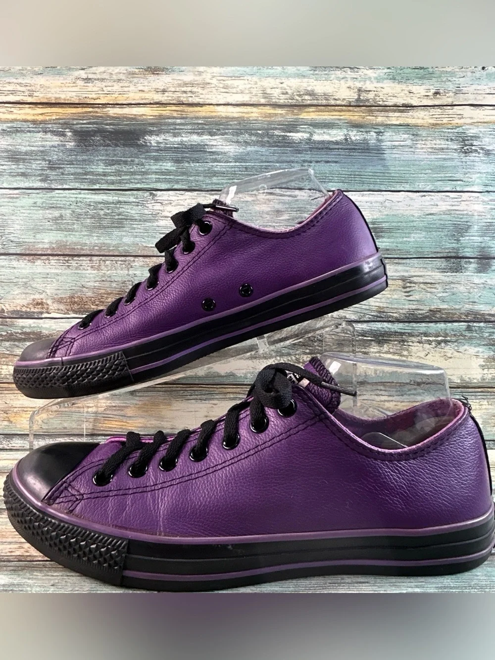 CONVERSE ALL STAR Low Top Casual Sneakers Size 11 Purple Leather Black Cap Toe